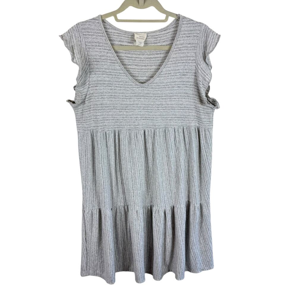 Caution To The Wind Gray Heather V-Neck Flutter Sleeve Tiered Pleated Dress Sz L
